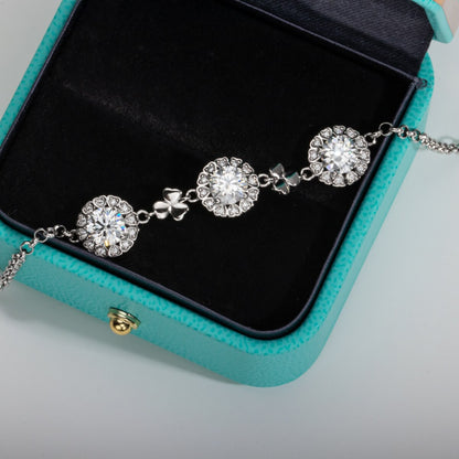 Anujewel 3 Carat D Color Moissanite Clover Bracelet 18K White Gold Plated Silver Adjustable Bracelets for Woman Gifts