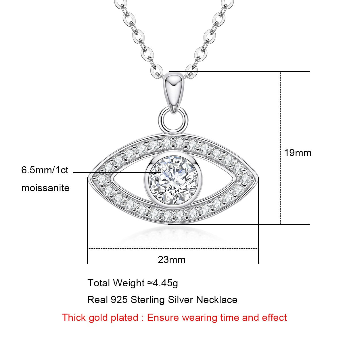 Anujewel 1Ct D Color Moissanite Diamond Lucky Evil Eye Possession Pendant 925 Sterling Silver 40+2+3Cm Necklace Hip Pop Jewelry