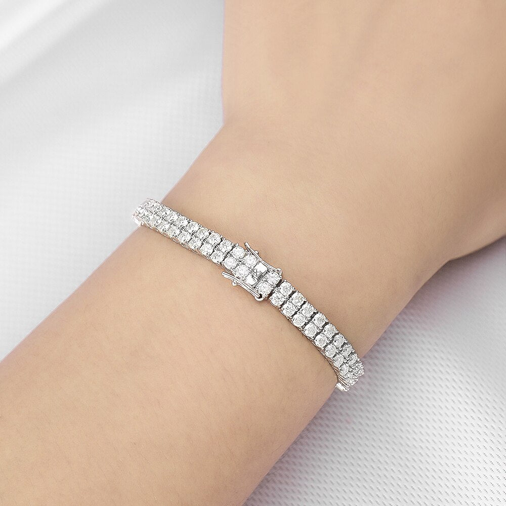 KNOBSPIN Double Row Moissanite Tennis Bracelet 3Mm White Gold Plated Sterling Silver Lab Diamond with GRA Bracelet for Women Men
