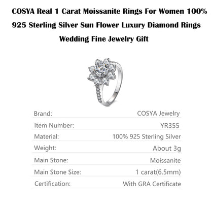 COSYA Real 1 Carat Moissanite Rings for Women 100% 925 Sterling Silver Sun Flower Luxury Diamond Rings Wedding Fine Jewelry Gift